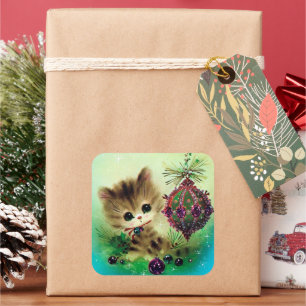 Festive Christmas retro kitten Holiday sticker