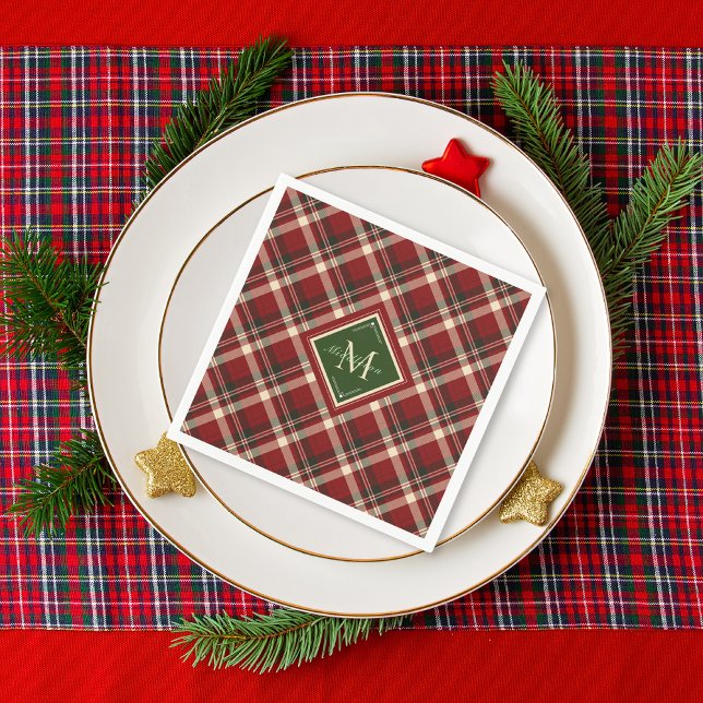 Festive Christmas Rustic Red Green Plaid Monogram  Napkin (Creator Uploaded)