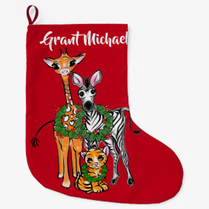 Festive Christmas safari, zebra giraffe lion Large Christmas Stocking