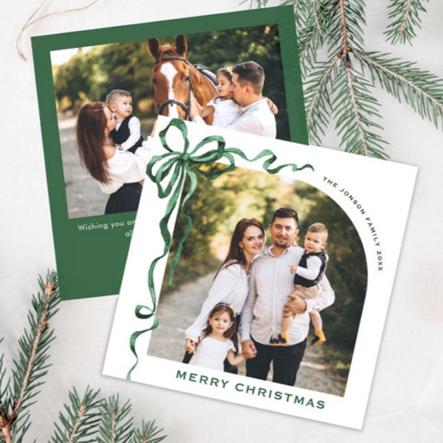 Festive Christmas Sage Green Bow Ribbon 2 Photo Holiday Card (Creator Uploaded)