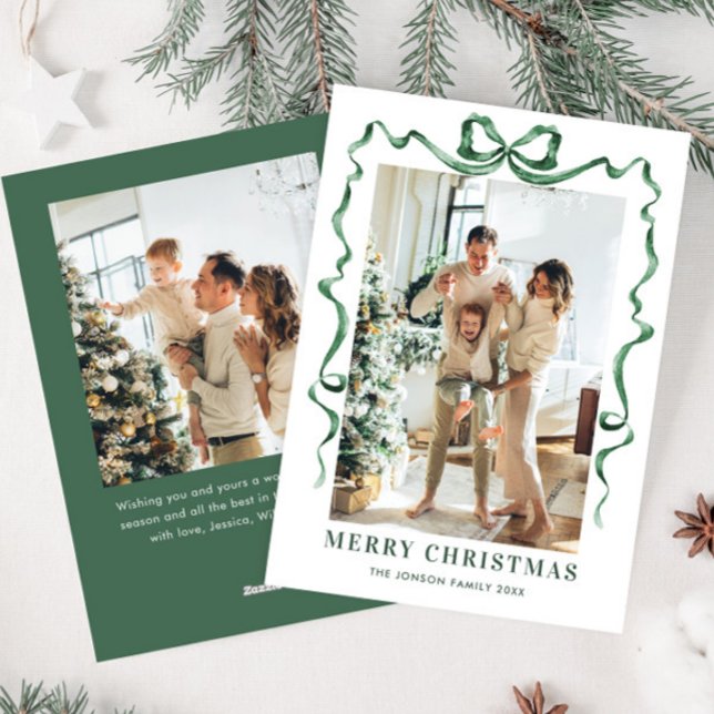 Festive Christmas Sage Green Bow Ribbon 2 Photo Holiday Card (Creator Uploaded)