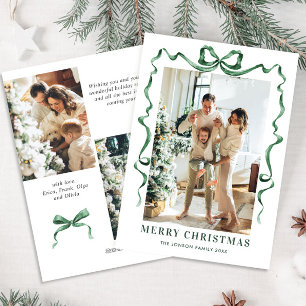 Festive Christmas Sage Green Bow Ribbon 3 Photo Holiday Card