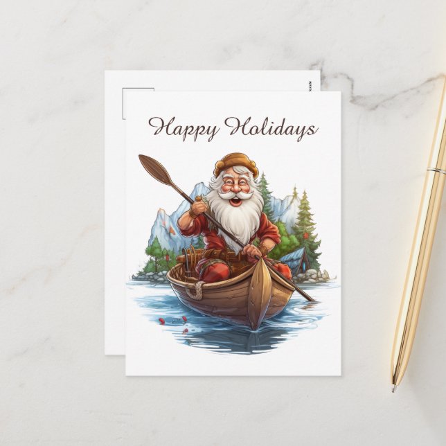 Festive Christmas Santa canoeing add text Holiday Postcard (Front/Back In Situ)