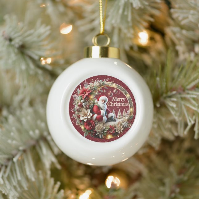 Festive Christmas Santa Claus and Elegant Floral Ceramic Ball Christmas Ornament (Tree)