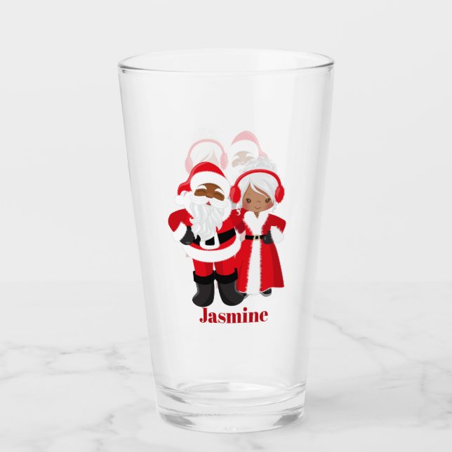 Festive Christmas Santa Mrs. Claus African America Glass (Front)