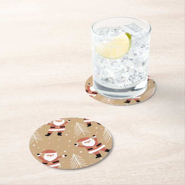 Festive Christmas Santa Snowy Celebration Round Paper Coaster (Insitu)
