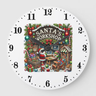 Festive Christmas Santa's workshop  Large Clock