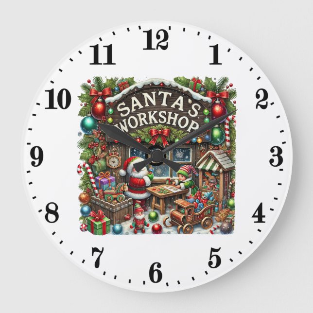 Festive Christmas Santa's workshop  Large Clock (Front)