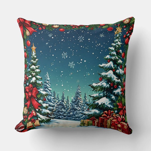 Festive Christmas Scene with Snowy Trees Cushion (Front)
