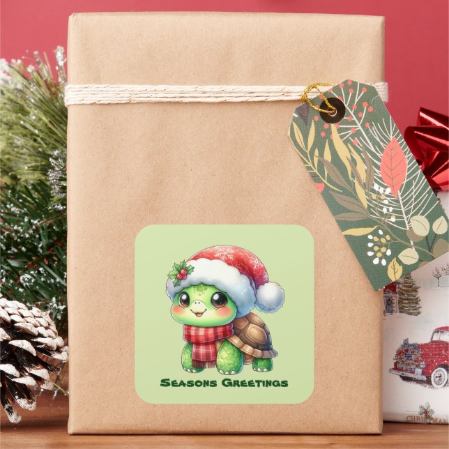 Festive Christmas sea turtle add text  Square Sticker (Holiday)