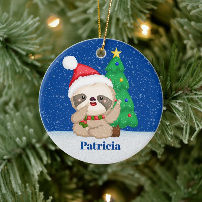 Festive Christmas sloth add name message Ceramic Tree Decoration (Tree)