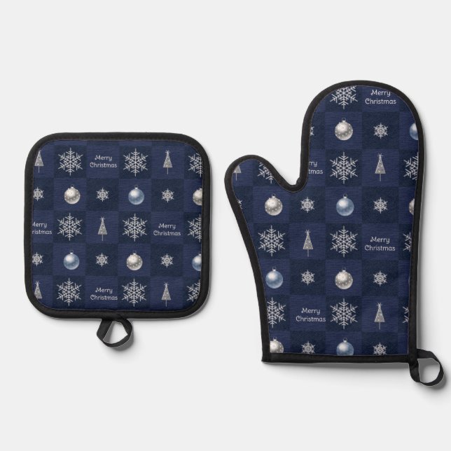 Festive Christmas Snowflakes, Ornaments and Trees Oven Mitt & Pot Holder Set (Front)