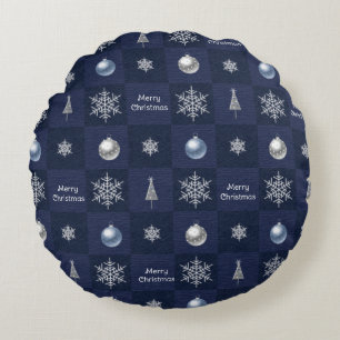 Festive Christmas Snowflakes, Ornaments and Trees Round Cushion