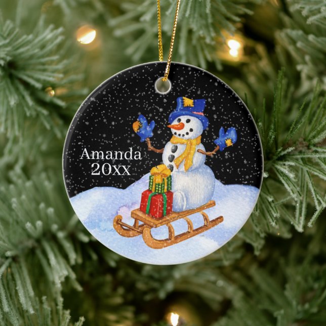 festive Christmas snowman add name text Ceramic Tree Decoration (Tree)
