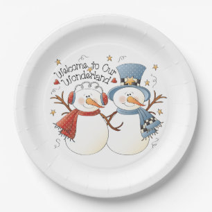 Festive Christmas snowman couple party Paper Plate