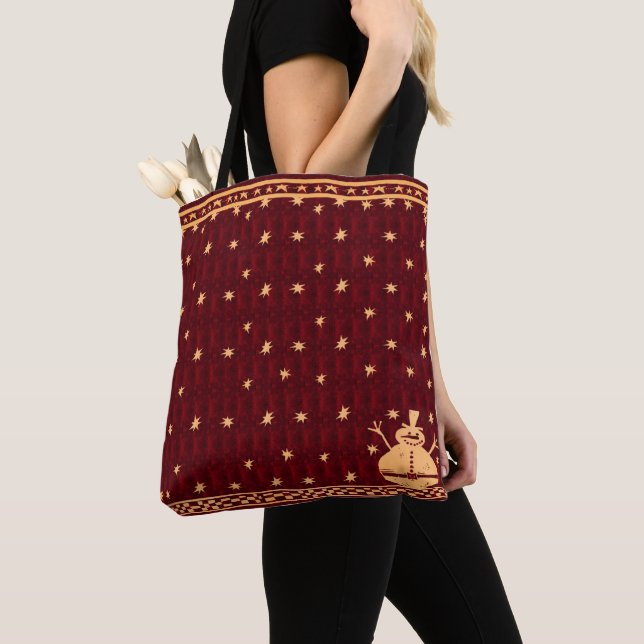 Festive Christmas Snowman Gold Tote Bag (Close Up)