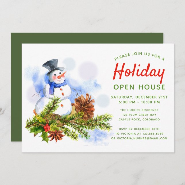 Festive Christmas Snowman Holiday Open House Invitation (Front/Back)