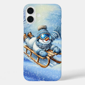 Festive Christmas snowman sledding iPhone 16 Plus Case