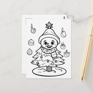 festive Christmas Snowman tree kid colouring  Postcard