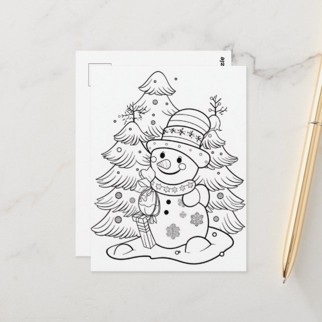 festive Christmas Snowman tree kid colouring  Postcard (Front/Back In Situ)