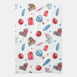 Festive Christmas Snowmen Red Ornaments Houses  Tea Towel