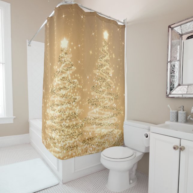 Festive Christmas Sparkling Trees Copper Shower Curtain (In Situ)