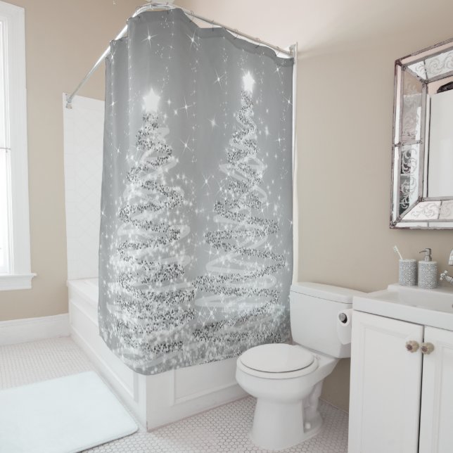 Festive Christmas Sparkling Trees Silver  Shower Curtain (In Situ)