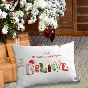 Festive Christmas Spirit BELIEVE Family Name Lumbar Cushion