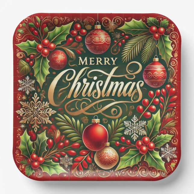 Festive Christmas Square Paper Plates (Front)