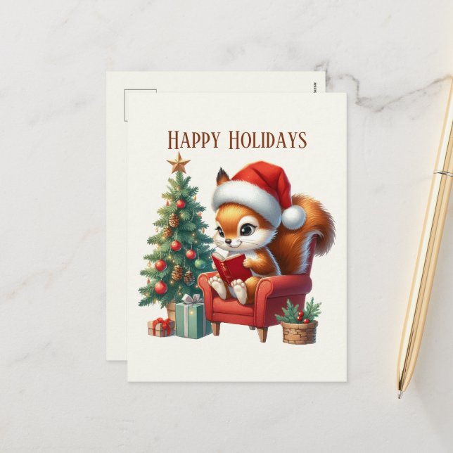 festive Christmas squirrel add message Holiday Postcard (Front/Back In Situ)