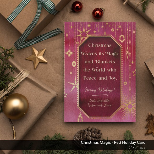 Festive Christmas Star: Red and Gold Photo Holiday Card (Christmas Magic Red Gold Stars Holiday Card)