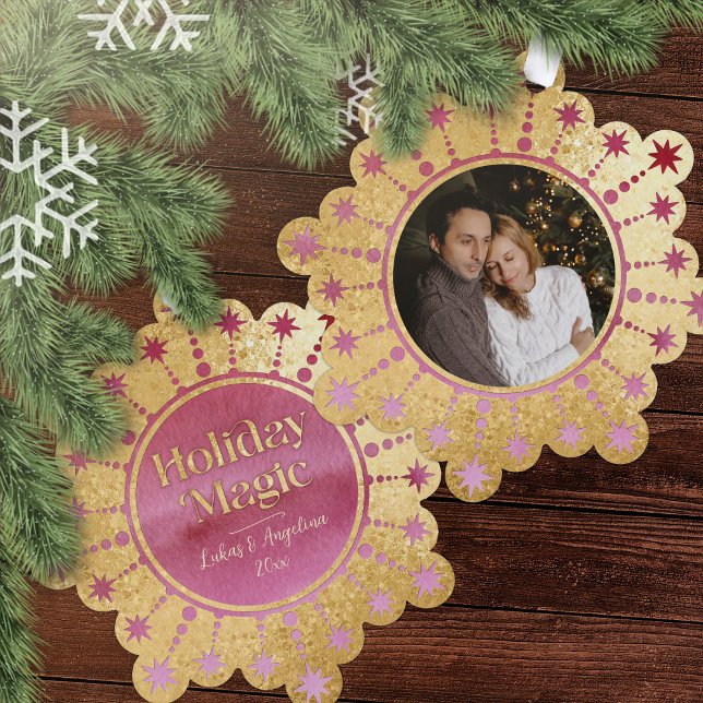 Festive Christmas Star: Red and Gold Photo Tree Decoration Card (Holiday Magic Red, Pink, and Gold Photo Ornament Card)