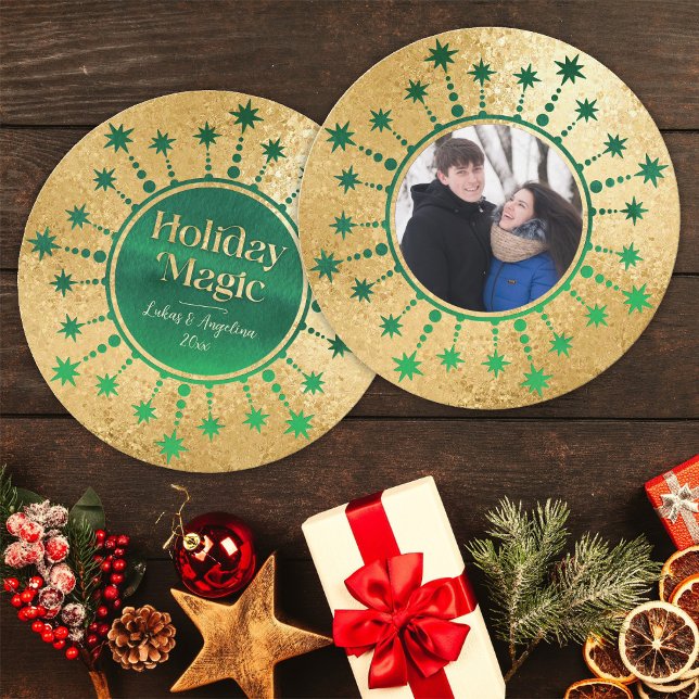 Festive Christmas Stars: Green and Gold Holiday Card (Holiday Magic Green and Gold Photo Card)