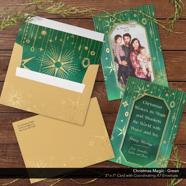 Festive Christmas Stars: Green and Gold Holiday Envelope (Christmas Magic Green Gold Stars Holiday A7/5"x7" Envelope Shown with Matching Photo Card.)