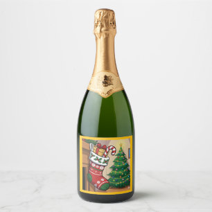 "Festive Christmas Stocking with Gifts and Candy Sparkling Wine Label