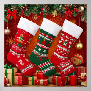 Festive Christmas Stockings Hanging Above Holiday Poster