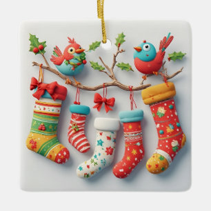 Festive Christmas Stockings Hung with Holly Ceramic Ornament