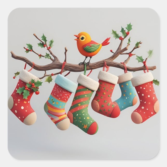 Festive Christmas Stockings Hung with Holly Square Sticker (Front)