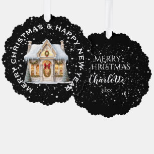 FESTIVE CHRISTMAS STOREFRONT in SNOW PERSONALIZED Tree Decoration Card