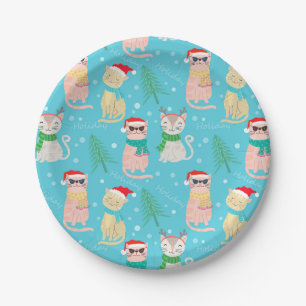 Festive Christmas Sunglasses Cats Design Paper Plate