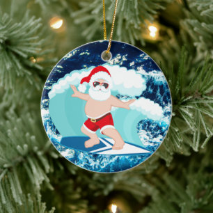Festive Christmas surfing Santa add sentiment Ceramic Tree Decoration
