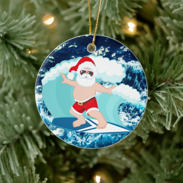 Festive Christmas surfing Santa add sentiment Ceramic Tree Decoration (Tree)
