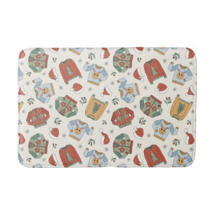 Festive Christmas Sweaters and Hats Pattern Bath Mat