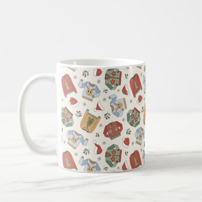 Festive Christmas Sweaters and Hats Pattern Coffee Mug (Left)