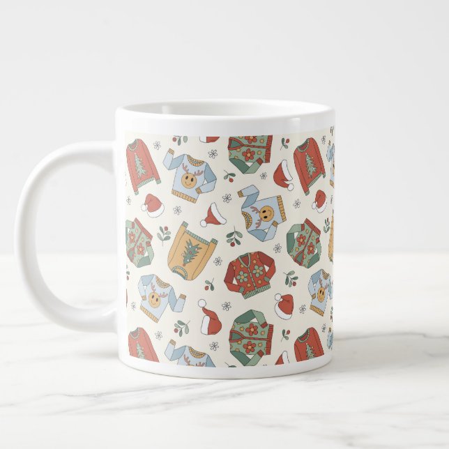 Festive Christmas Sweaters and Hats Pattern Large Coffee Mug (Left)