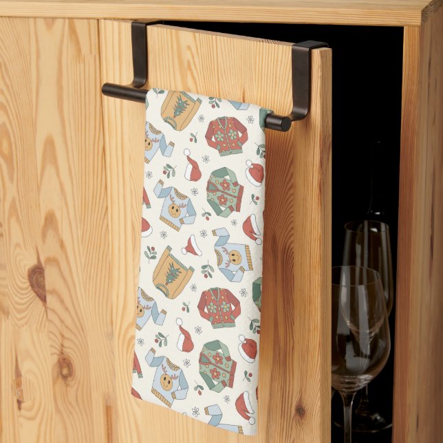 Festive Christmas Sweaters and Hats Pattern Tea Towel (Thirds Fold)