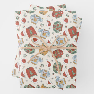 Festive Christmas Sweaters and Hats Pattern Wrapping Paper Sheet