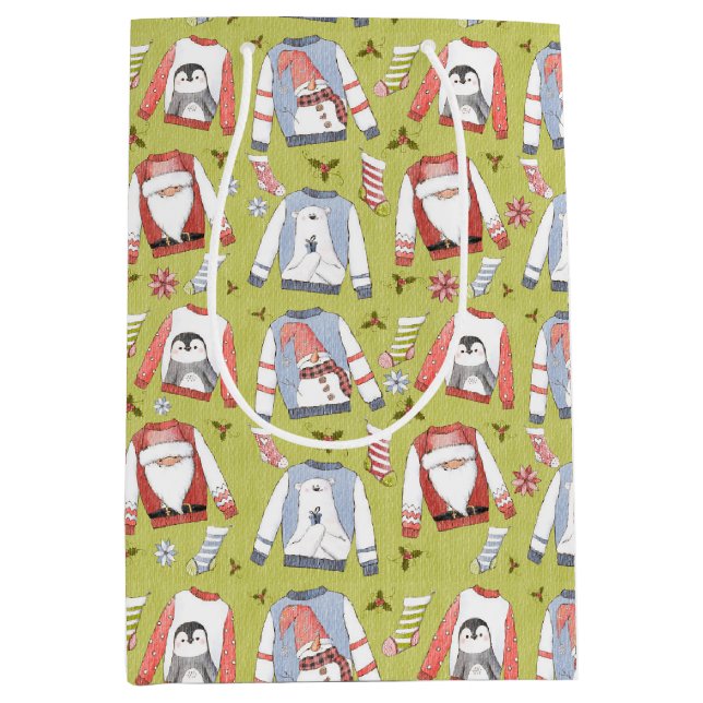 Festive Christmas Sweaters and Stockings Medium Gift Bag (Front)