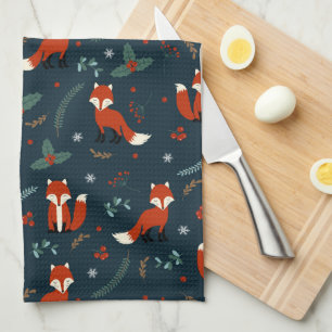 festive Christmas tiled Holiday pattern fox Tea Towel