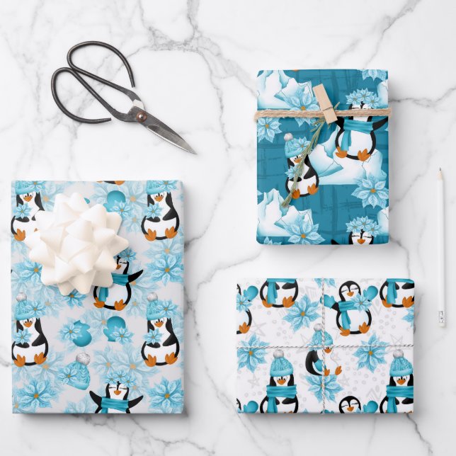 Festive Christmas tiled penguin pattern Wrapping Paper Sheet (Front)